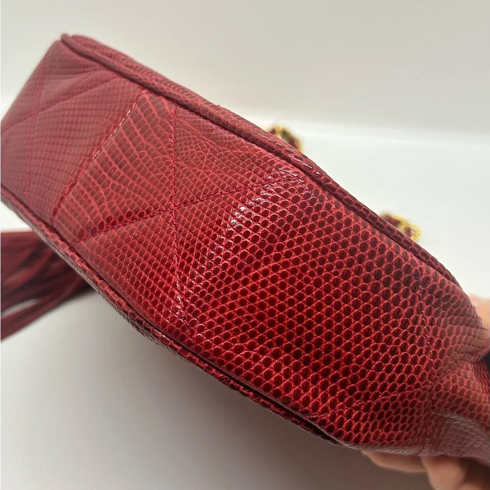 CHANEL Vintage Red Lizard Skin Hexagon Gold Chain Shoulder Bag